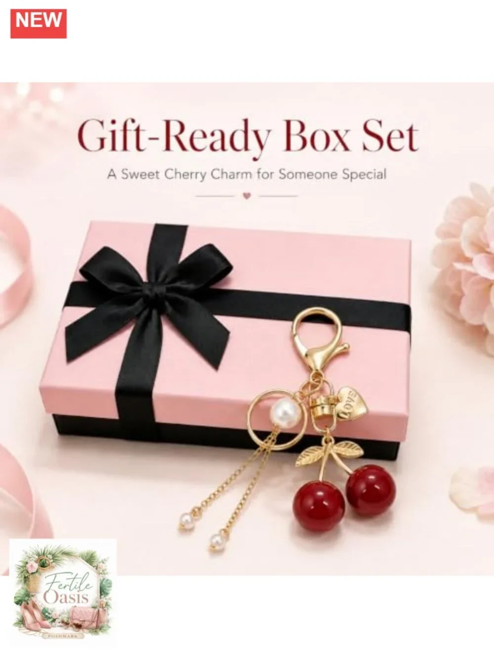 Cherry Bag Charm Keychain with Pearl Tassel Love Heart Purse Charm